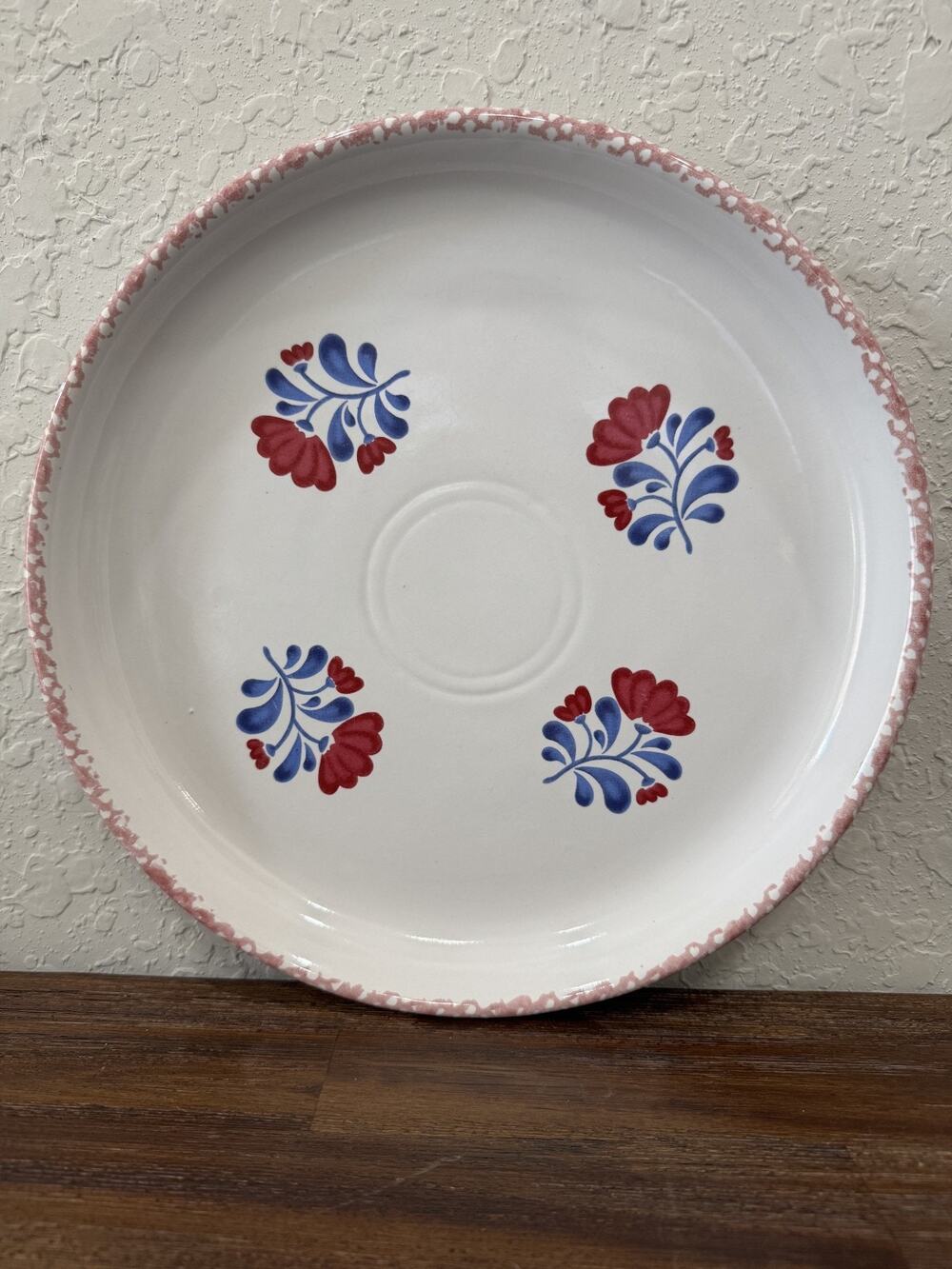 Vintage Country Style Spongeware Deep Dish Plate Red Blue Floral Pottery 11.25"